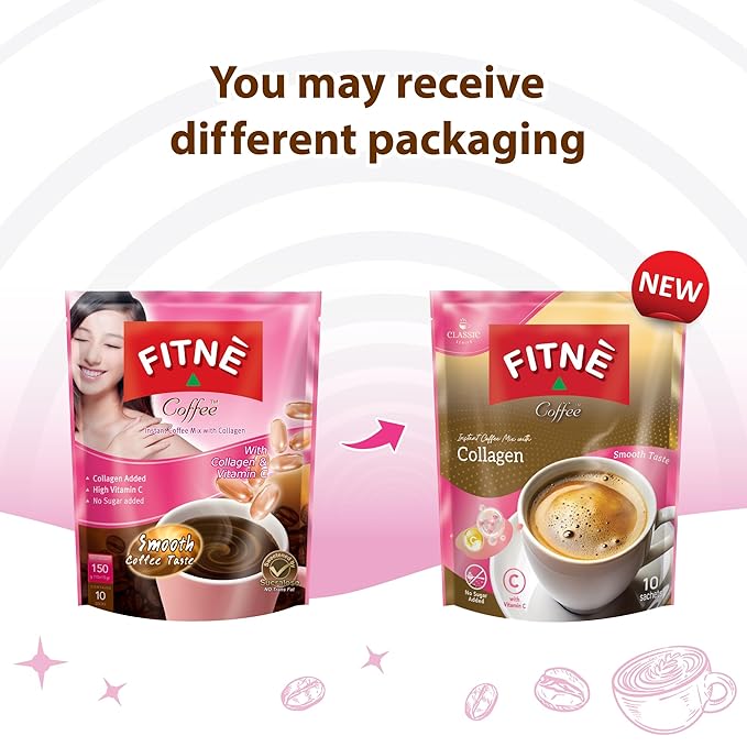 FITNE Instant 3 In 1 Coffee Packets Mix With Natural Hydrolyzed Collagen Vitamin C Smooth Blend Tasty Aromatic No Sugar Sucralose Sweetener, 30 Sachets