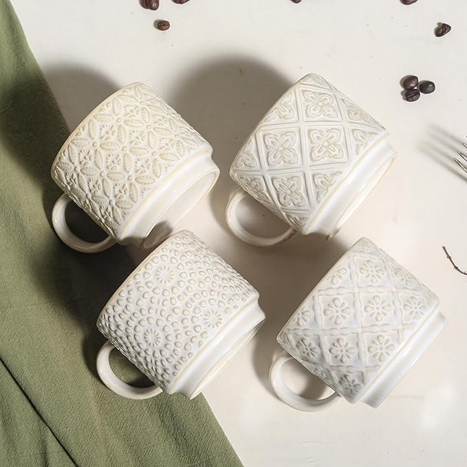 6 Oz Coffee Cups with Stand, Stackable Espresso Cups Set of 4, Ceramic Cappuccino Cup, Embossed Coffee Mugs for Latte, Cocoa, Mocha, Tea, Housewarming Wedding Present, Dishwasher Safe