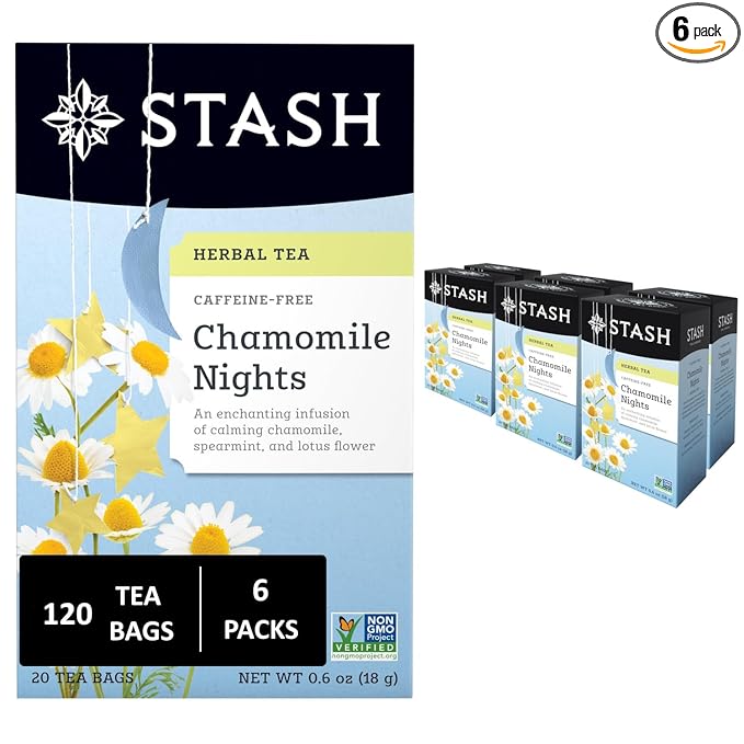 Stash Tea Chamomile Nights Herbal Tea - Naturally Caffeine Free, Non-GMO Project Verified Premium Tea with No Artificial Ingredients, 20 Count (Pack of 6) - 120 Bags Total