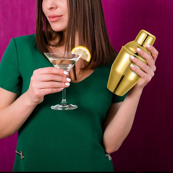 Nitial 6 Pcs Bar Cocktail Shaker Professional Stainless Steel Martini Drink Mixer Built-in Strainer for Bartending No Leaks Shaker for Bar Party Drink Mixer (Gold,8 oz)