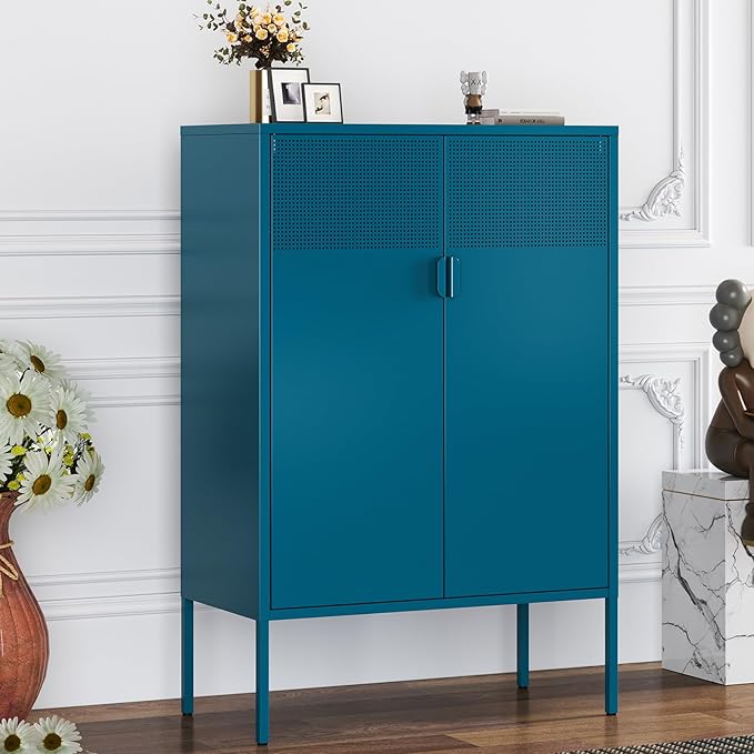 Blue Metal Storage Cabinet with 2 Doors - 47''H Locker Cabinet, 3 Tier Locker with Adjustable Shelves,Office Storage Locker for Office, Home, Living Room, Kitchen