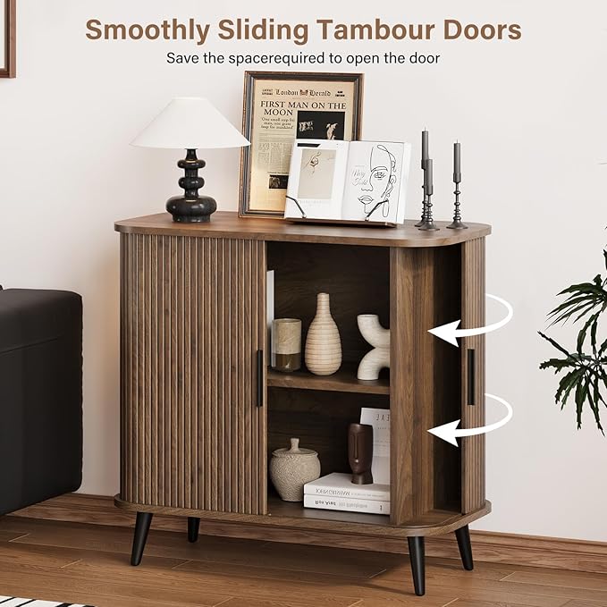 Accent Cabinet with Sliding Doors - Walnut Sideboard Buffet Cabinet with Storage for Coffee Bar, Console Table - MCM Design Bar Cabinets for Modern Home Décor