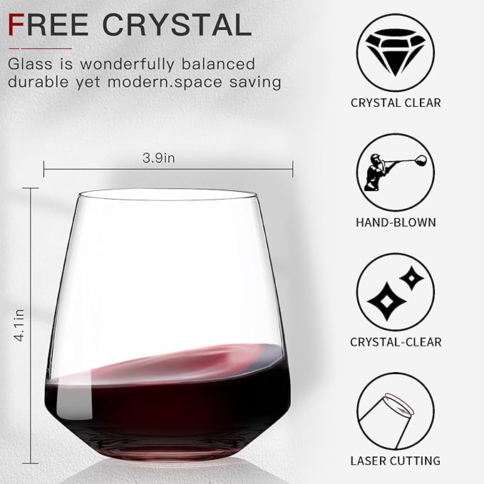 Stemless Wine Glasses Set of 4-15 oz Clear-Modern Hand-Blown Wine Glasses, European Design Crystal Glass For Red & White Wine, Unique Gifts for Wedding, Birthday,Christmas