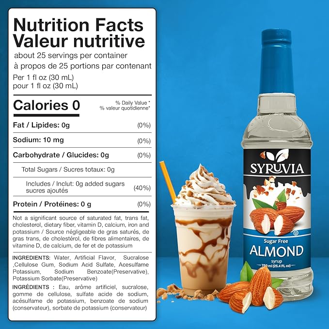 Syruvia Sugar Free Coffee Syrup, Almond Flavored Syrup for Drinks, Lattes, and Desserts – 25.4 fl oz, With Pump