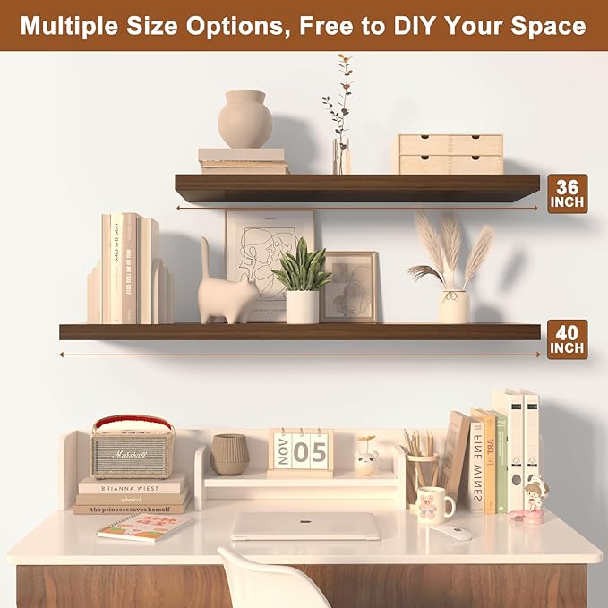 12 Inch Deep Floating Shelves for Wall 2 Pack Floating Shelfs Large Storage Space Wall Decor Display Shelf for Bathroom Living Room Bedroom Kitchen 23.8" W x 12" D x 1.2" H Walnut