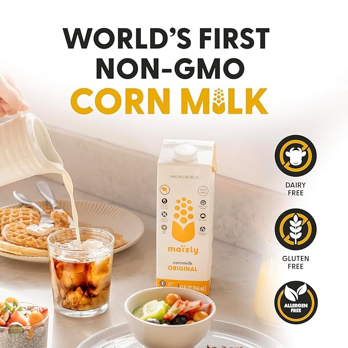Maizly Original Corn Milk, Plant-Based Drink Made with Non-GMO Ingredients, Less Sugar, Gluten & Dairy-Free Alternative to Whole Milk, Non-Dairy Kosher Drink For Kids & Adults, 32 oz, Shelf Stable Pack of 2
