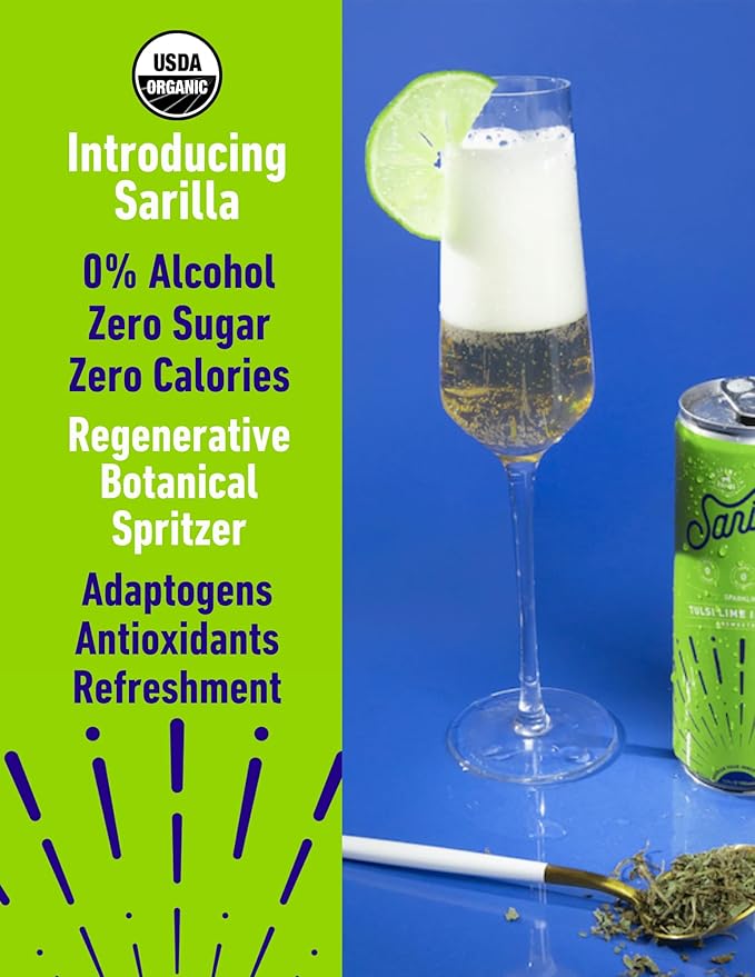 Sarilla Nonalcoholic Herbal Spritzer Chamomile Lime with Adaptogens, Unsweetened, 12-Pack