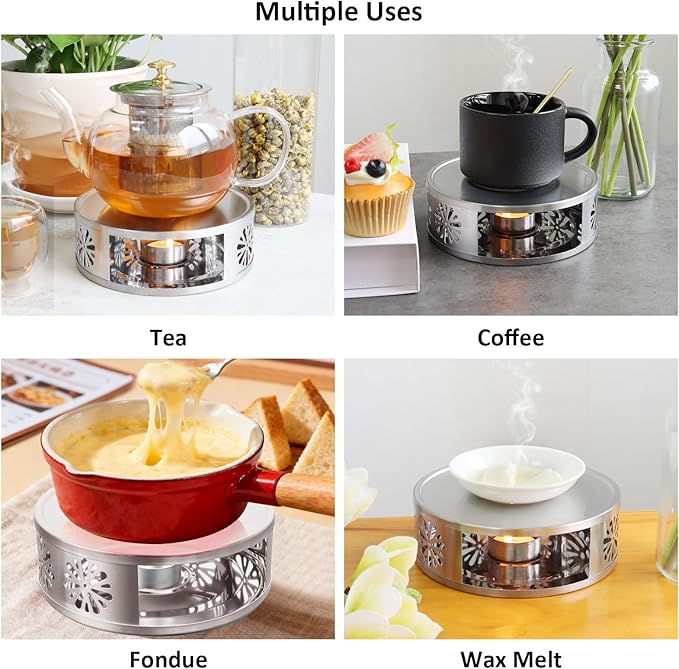 Tea Warmer Chrysanthemum Silhouette, JUKFITA Silver Brushed Stainless Steel Teapot Warmer, Includes 1 Tealight Holder
