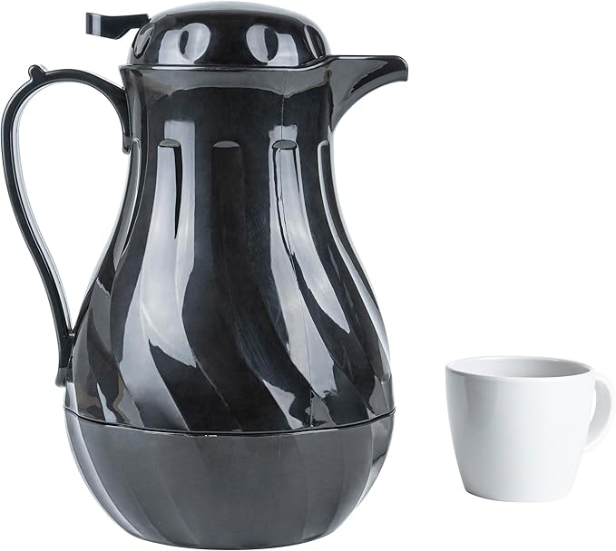 Restaurantware-Restpresso 64 Ounce Coffee Carafe, 1 Insulated Coffee Server - Push-Button Top, Swirl Design, Black Plastic Pitcher, Built-In Handle, With Identification Tags