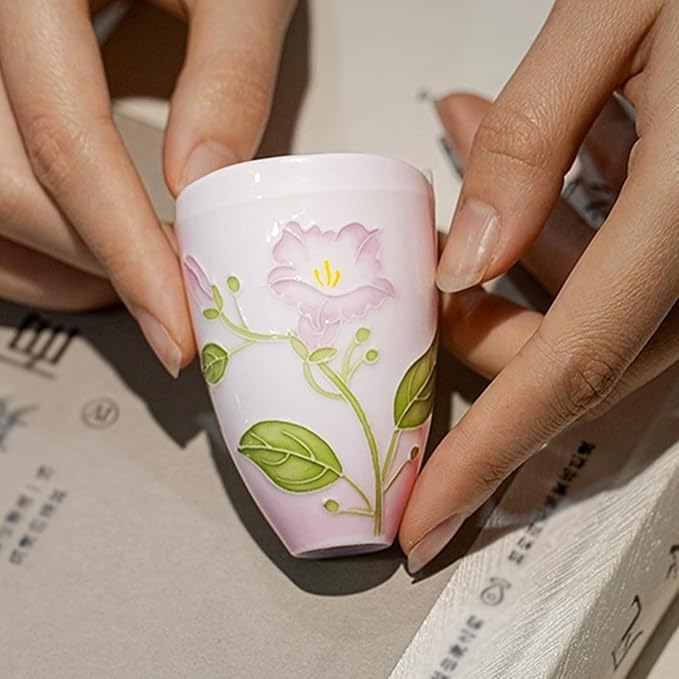 KAMMAK Ceramic Tea Cups Small, Cute Vintage Coffee Cup Set of 2, Porcelain Teacups Espresso Mug, 2.1oz Hand Painted Chinese Afternoon Tea Party Mugs, Birthday Gift for Women Men, Yuni Feizi