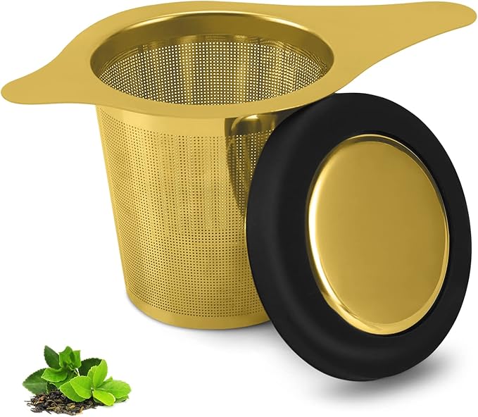 Tea Infuser Basket Stainless Steel Tea Strainer Tea Filter With Small Strainer And Lid Tea Diffuser For Loose Tea Superior Brewing Experience (One pack gold)