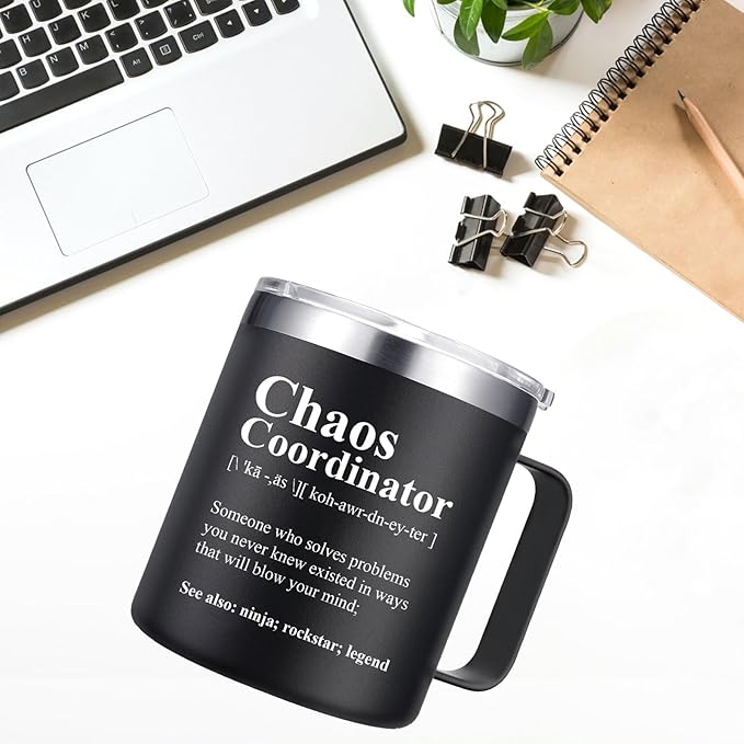 Chaos Coordinator Mug Tumbler 14oz - Christmas Gifts for Men, Boss, Coworker, Manager, Office, Teacher, Nurse - Thank You Birthday, White Elephant Gifts for Adults - Black