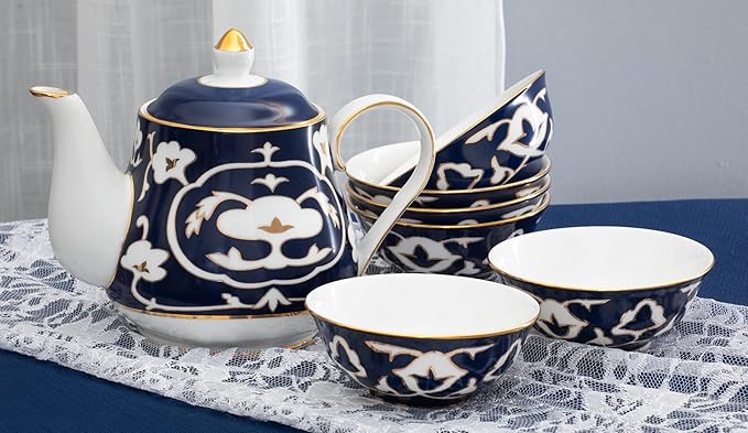 Blue and White Tea Set - 28 oz. Bone China Teapot and 6 oz. Tea Cups with White Vintage Design - Elegant Tea Serving Set for Kitchen and Gift for Women, Men, Adults and Tea Lovers