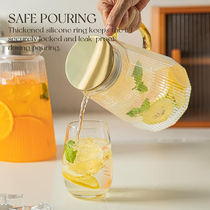 2PCS Ribbed Glass Pitcher Set – 71oz Heat-Resistant Beverage Jugs with Lid for Water, Iced Tea, Juice, Coffee – Large Borosilicate Carafes for Hot & Cold Drinks, Elegant Serving Pitchers (Clear-2PCS)