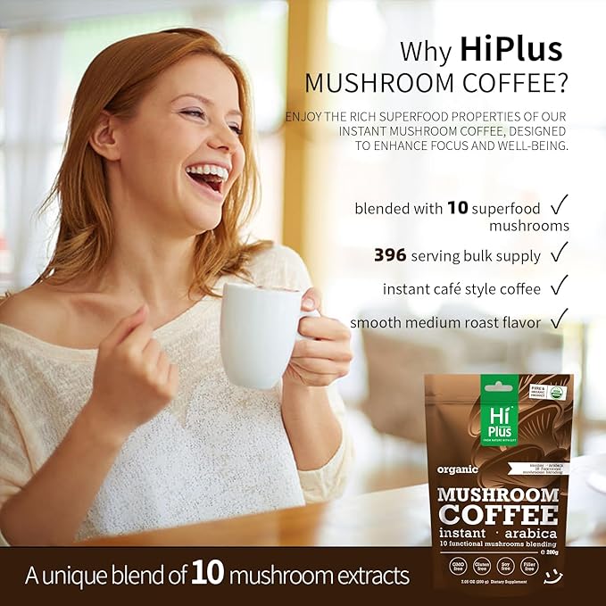 Organic 10-in-1 Mushroom Coffee Powder with Lion’s Mane & Reishi, Instant Arabica Blend for Smooth Energy, Focus & Immune Support, Low-Acid, 80 Servings