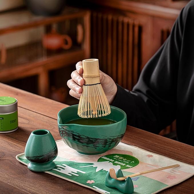 Clay&Fire Matcha Whisk Set，9 Pcs Ceramic Matcha Set, 15 OZ Matcha Bowl with Spout and Whisk，Matcha Kit for Friend, Ideal Gift for Matcha Lover（Dark Green）