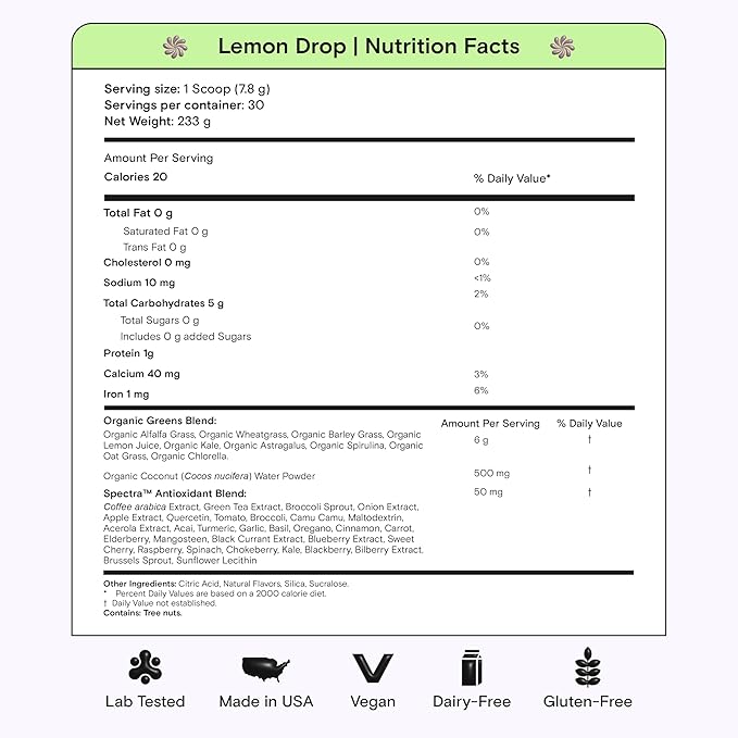 Kiala Nutrition Super Greens, Organic Greens Powder with Spirulina & Chlorella for Digestion, Gut Health, Immunity, Energy, Gluten Free, Vegan, Sugar Free, Spectra Blend, Lemon Drop, 30 Servings