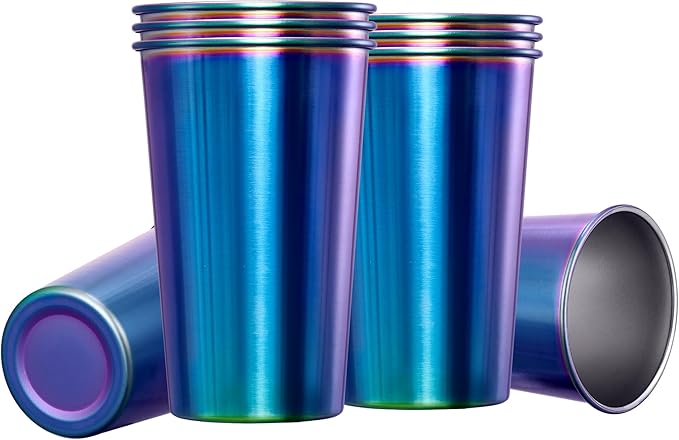 MEWAY 8 Pack 16oz Stainless Steel Pint Cup,Healthy Unbreakable and Stackable,Metal Drinking Glasses，Beer Glasses（Rainbow）