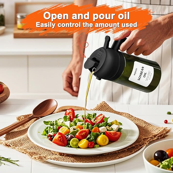 Oil Sprayer for Cooking, 2 in 1 Olive Oil Dispenser Bottle for Kitchen, 16oz/470ml Premium Glass, Food-grade Oil Mister for Air Fryer, Salad, Frying, BBQ (Black + Dark Green Bottle)