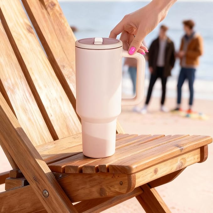40 oz Insulated Tumbler with Handle,Flip Straw,Lid & Rubber Base Stainless Steel Water Bottle - Leak Proof Vacuum Insulated Mug BPA Free Reusable Travel Cup Gifts for Women/Men (rose quartz1)