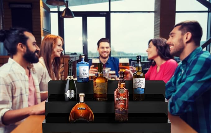 CiaoHER Large Acrylic Wine Liquor Bottle Rack 20x12.5x6.5 in 3 Tier Black Countertop Riser Display for Bar Coffee Leisure Station Retail Store Shop Grocery Collection Organizer Stand