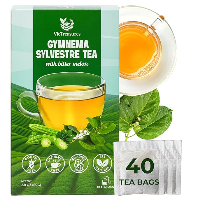 VieTreasures Gymnema Leaf Tea - 40 Tea Bags | With Bittermelon, Stevia | Non GMO, Caffeine-Free, Vegan, Keto-Friendly Organic Herbal Tea | Supports Glucose Metabolism Infusion, 2.8oz