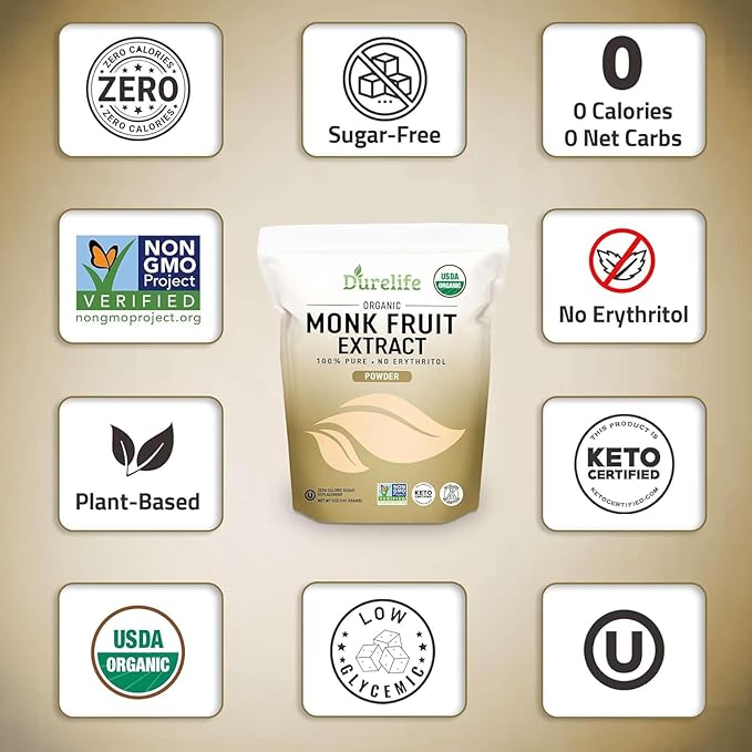 Durelife Organic 100% Pure Monk Fruit sweetener, No Erythritol, Monkfruit Extract Powder, USDA organic, NON-GMO Project Verified, Keto Certified, OU kosher, No Fillers Zero Calorie Sugar Substitute 15 OZ
