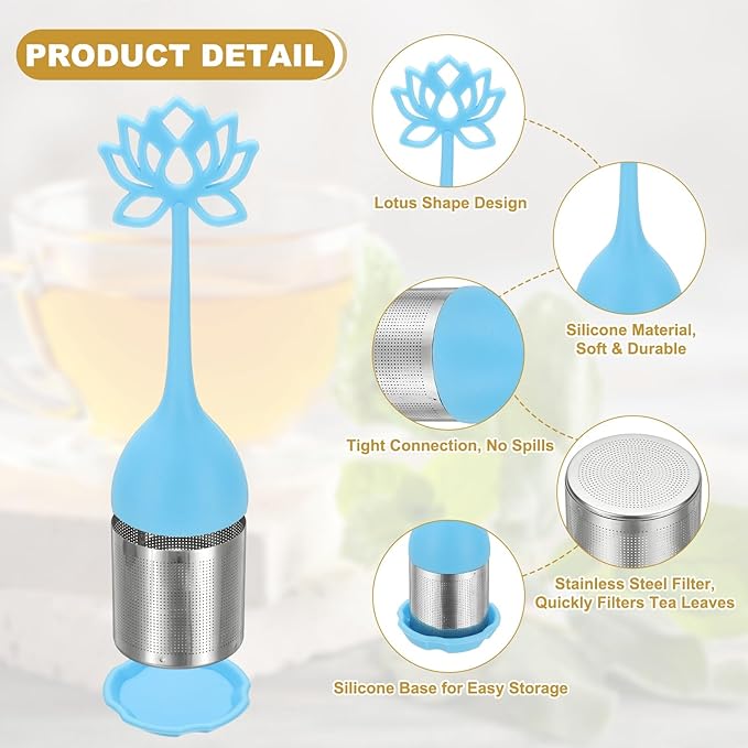uxcell 2 Pcs Lotus Tea Infuser, Stainless Steel Loose Leaf Tea Steeper Filter with Silicone Handle Reusable Thin Pores Mesh Strainer Diffuser for Teacups Teapots Mugs, Blue