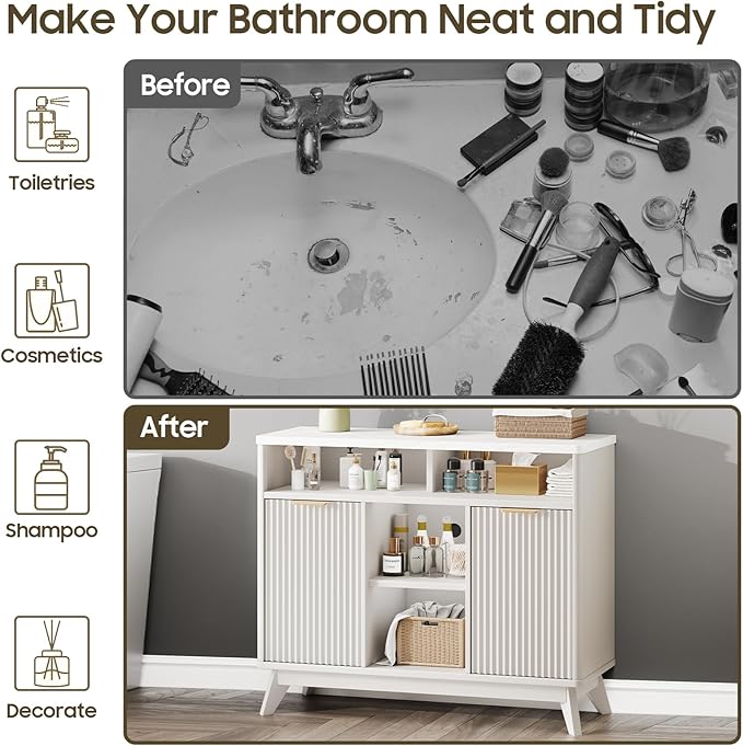 Fluted Storage Cabinet, 39" Sideboard Buffet with Storage, Mid Century Modern Accent Cabinet with Doors and Shelves, Multifunctional Console Table Coffee Bar for Living Room and Kitchen, White