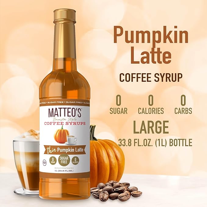 Matteo's Pumpkin Latte Syrup for Coffee, Lattes, Cappuccinos & Desserts – Sugar-Free Sweetener for Beverages, Keto Friendly, Zero Calories, Indulgent Flavor, Non-Alcoholic, 33.8oz (1pk)