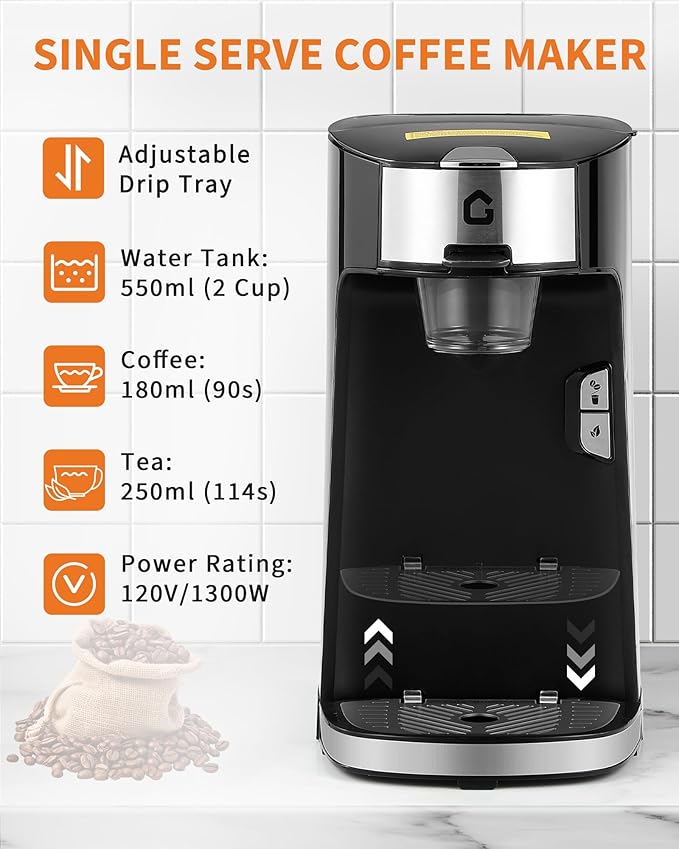 IDEALHOUSE Single Serve Coffee Maker, k Cup Compatibility, Auto Shut Off, Adjustable Tray, One-Button Fast Brew, 18.6 Oz Water Tank for Capsule, Ground & Tea, for Home, Office