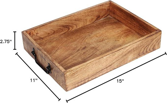 Wooden Decorative Serving Tray with Metal Handles | Wood Trays for Breakfast in Bed, Lunch, Dinner, Appetizers, Patio, Ottoman, Coffee Table, Party (15" X 11" x 2.75")