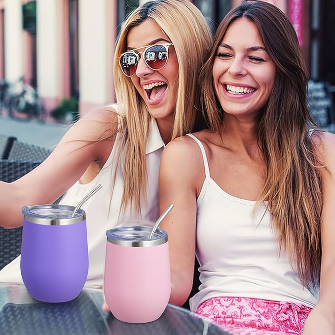 COMOOO Stainless Steel Wine Tumbler Bulk with Lid and Straw 12oz Double Wall Vacuum Insulated Travel Tumbler Cup Stemless for Hot and Cold Drinks, Coffee, Wine, Cocktails (Light Purple, 6 Pack)