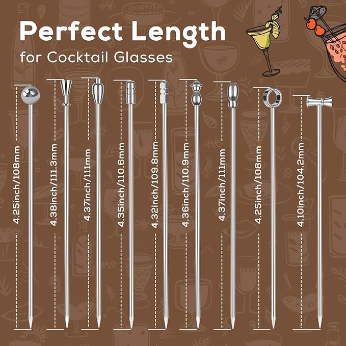 Metal Martini Cocktail Picks 9 Pcs, 4.1 in Olive Skewers Stainless Steel, Martini Garnish Sticks Reusable, Metal Toothpicks for Drinks, Appetizers, Bar Accessories Gift for Bartenders - Sliver