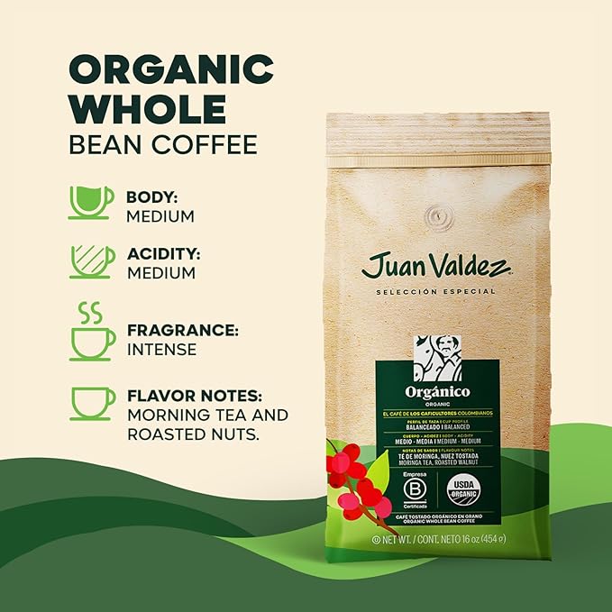 Juan Valdez Organic Whole Bean Coffee - Balanced Roast | 100% Colombian Arabica Beans | 100% Colombian Coffee - Balanced Profile with Moringa & Nutty Notes | Certified USDA Organic | 16 oz / 454 gr