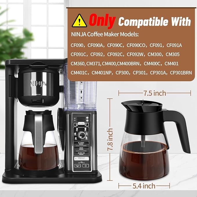 10 Cup Coffee Pot Replacement for Ninja Coffee Maker CM401 CM371 CP301 CM300 CM400 CF091, Glass Carafe Replacement with Brew-Through Lid, Ninja Coffee Pot Replacement with Sturdy Handle