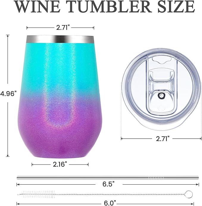 MEWAY 12oz Insulated Wine Tumbler Set of 4 - Double Wall Stainless Steel Stemless Wine cups Glasses with Lids, Gift for Family and Gifts, Prizes for adults(Glitter Aurora,Set of 4)