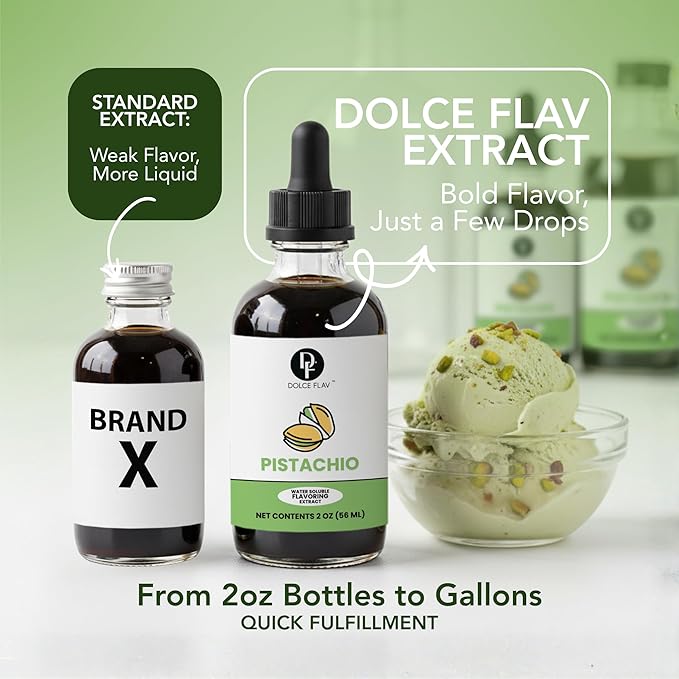 Dolce Flav Pistachio Extract – 2 Ounce Water-Soluble Kosher, Sugar-Free, Concentrated Nutty Pistachio Flavor for Baking, Ice Cream & Pastries, Includes Measured Dropper