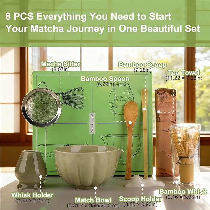 Matcha Whisk Set, 8 Piece Japanese Matcha Making Kit with Ceremony Set with Sifter, Bowl, Holder, Whisk, Scoop for Traditional Tea Ceremony, Ideal Gift for Home & Kitchen
