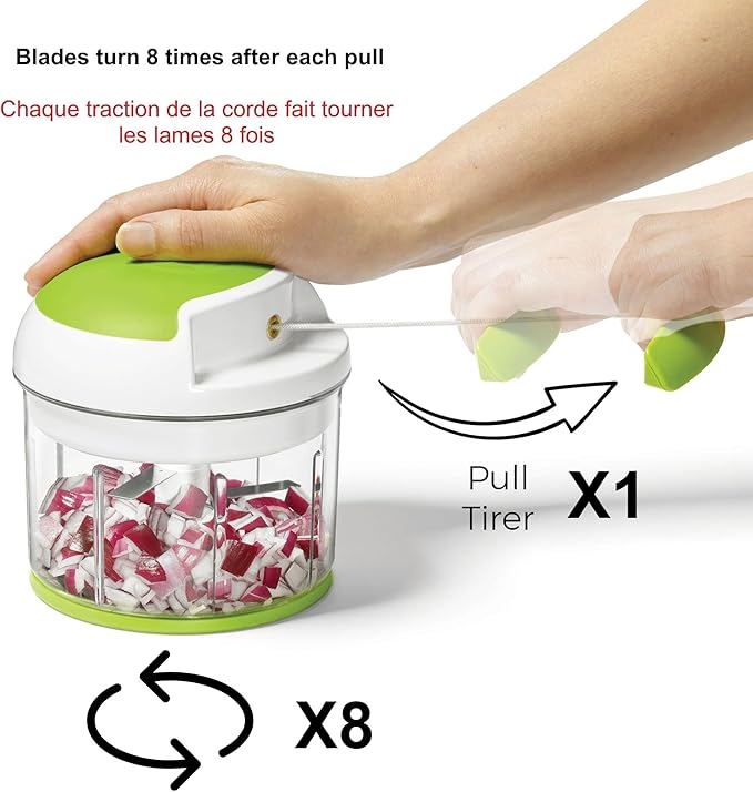 Starfrit Pull Chopper - Multi Purpose Manual Food Processor - Three Blade System for a Faster Cut - From Large Chunks to Purée - Self-Retracting Cord - Fruits, Vegetables, Meats and Crushes Ice