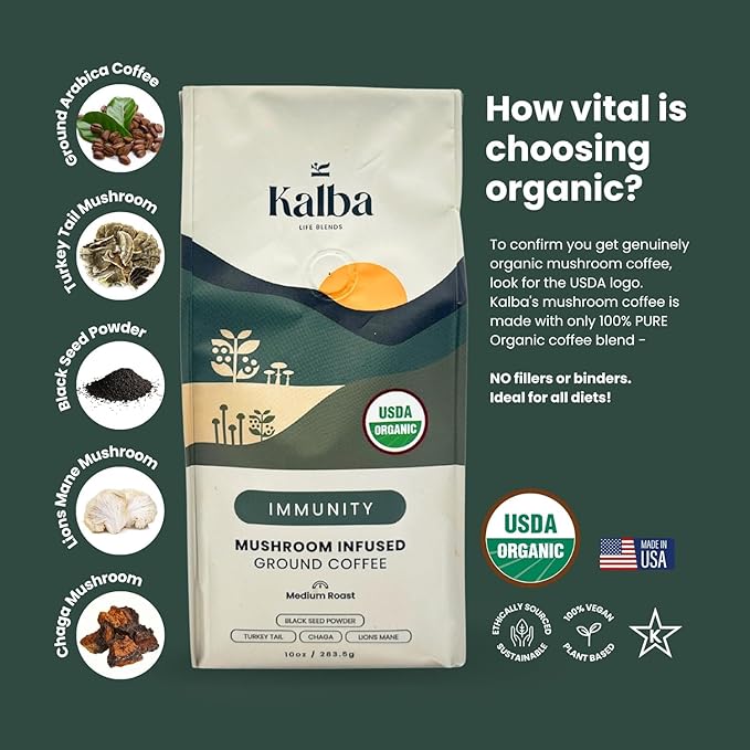 Kalba Organic Mushroom Coffee Grounds, Medium Roast 10 oz | Arabica Coffee with Lion's mane, Chaga, Turkey Tail, & Nigella Seed for Energy Boost & Immunity
