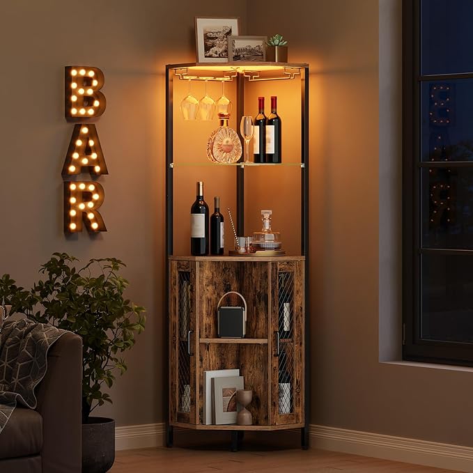 Corner Bar Cabinet with LED Lights, Tall Wine Cabinet with Storage, 5-Tier Industrial Corner Liquor Cabinet with Glass Holders, Adjustable Shelves, for Kitchen, Home, Rustic Brown and Black