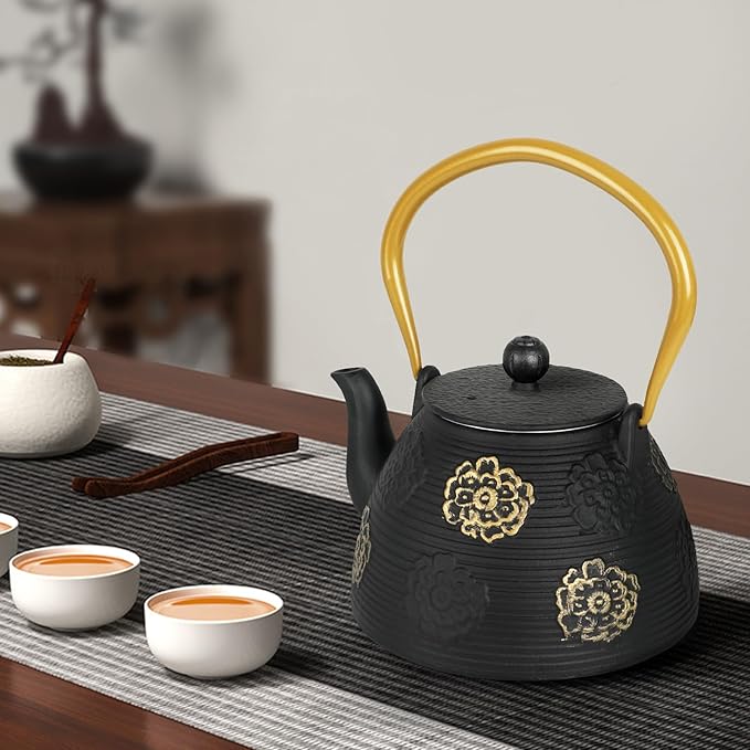 Ufine Cast Iron Teapot with Infuser for Loose Leaf Tea Japanese Style Tea Kettle for Stove Top, Enameled Interior Sakura Design (Black,40oz/1200ml)