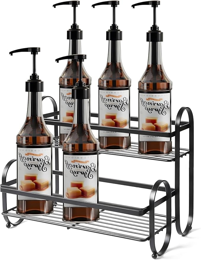 6-Bottle 2-Tier Coffee Syrup Rack Organizer,Sturdy Metal Syrup Storage Shelf Holder Stand for Coffee Bar,Kitchen Countertop,Universal Wine Rack,Compact Durable Space-Saving Design