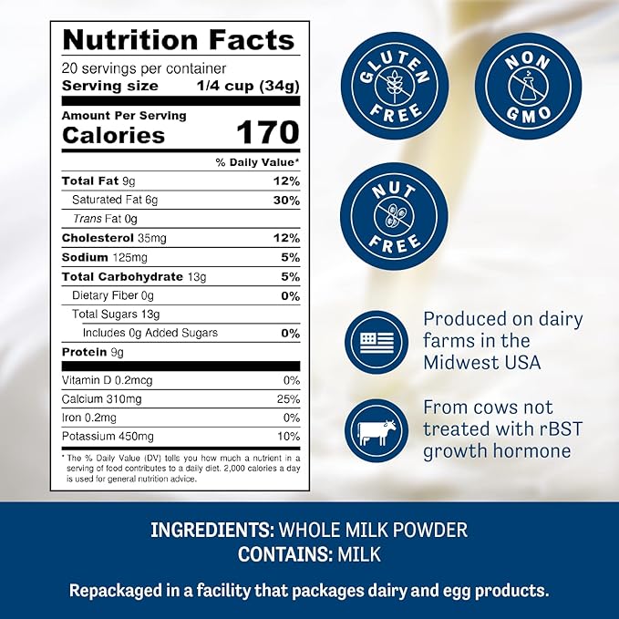 Judee's Gluten Free Powdered Milk - Gluten-Free Ingredient for Baking & Cooking - Nut-Free Whole Milk Powder & Shelf-Stable for Travel & Storage - Pack of 1, 24 oz, Made in USA
