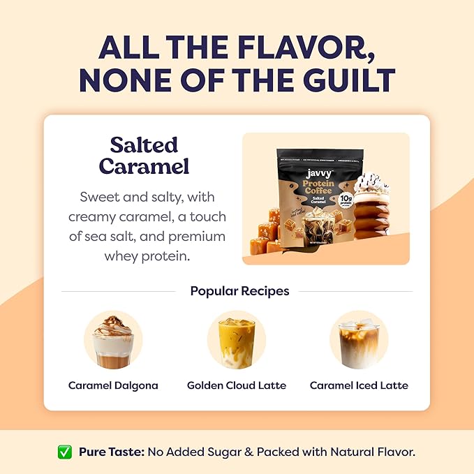 Salted Caramel Protein Iced Coffee - Premium Whey Protein & Instant Iced Coffees - 100% Natural Cold Brew - Zero Artificial Flavors & Sweeteners, 80 mg Caffeine, No Added Sugar, 20 Servings