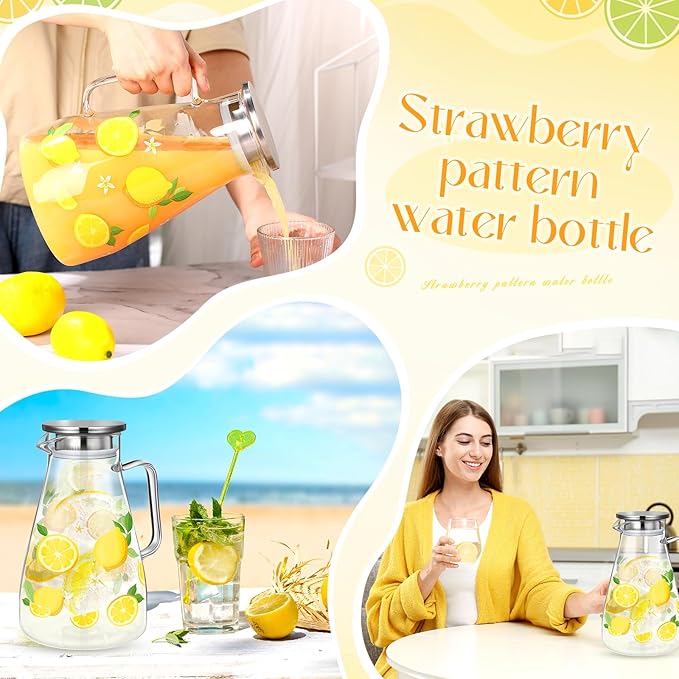 Domensi 74 oz / 2200 ml Glass Pitcher with Lid Water Pitcher with Handles Beverage Water Jar Glass Jug Hot and Cold Resistant Carafe for Tea Juice Milk Coffee Iced Beverage(Lemon)