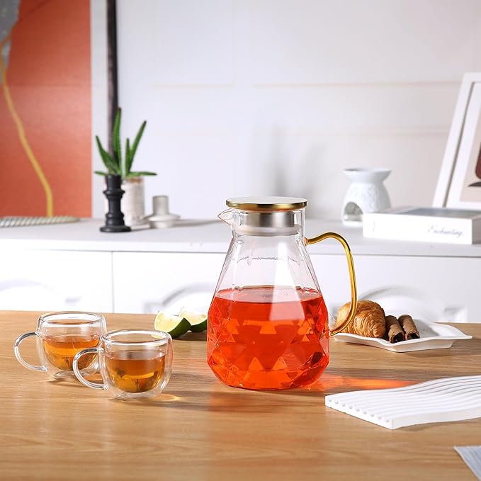 Heat Resistant Glass Pitcher With Lid And Spout, Glass Iced Tea Pitchers Beverage Pitchers For Fridge, Water Pitcher And Carafe 61oz/1800ml