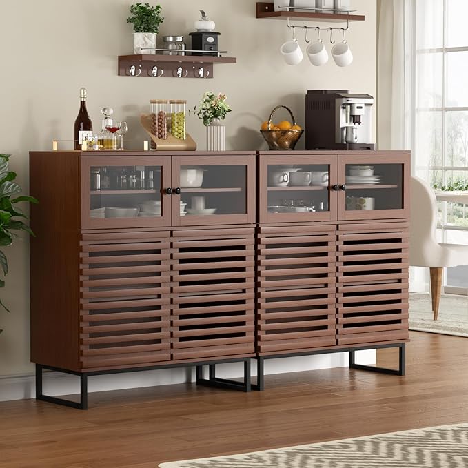 Vabches 31.5" Buffet Cabinet with Storage, Mid Century Modern Sideboard Coffee Bar Cabinet with Grille Doors & Adjustable Shelves for Kitchen, Dining Room, Living Room, Walnut