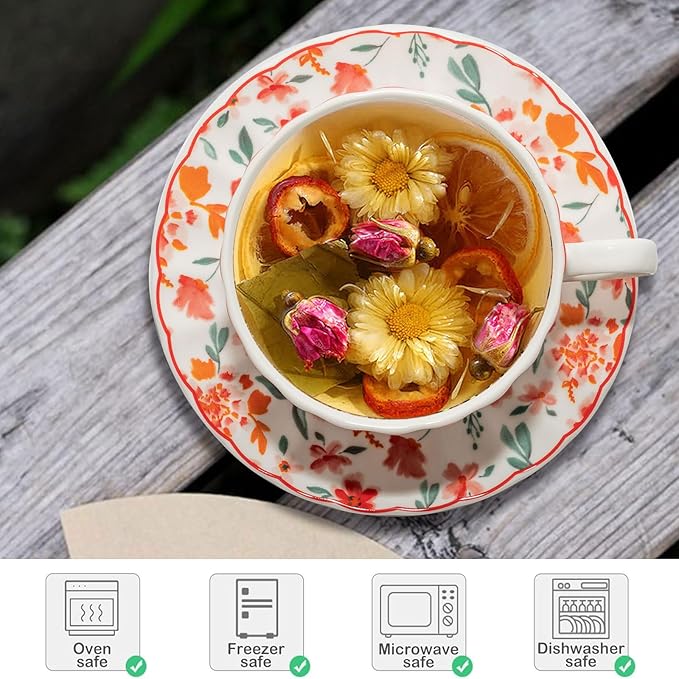 Cups and Saucers Coffee Tea Cups Set of 2 (7.4 oz/ 220ml) Ceramic Cup Espresso Mug Floral Porcelain Vintage Flower Pattern for Gifts, Gatherings, Receptions,Breakfast, Home